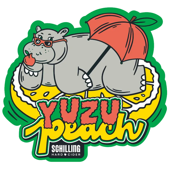 Hippo with sunglasses and umbrella labeled 'Yuzu Peach' by Schilling Hard Cider on a white background